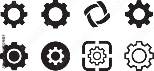 Collection of black gear icons and settings symbols representing mechanics and configuration options