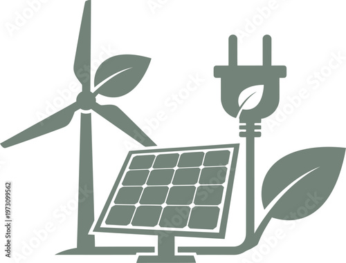 Sustainable power growth illustration with wind turbine solar panel and leaf plug