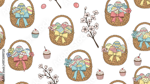 Seamless pattern of Easter baskets filled with decorated eggs and cherry blossom branches with cupcakes on a white background for spring.