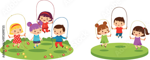 Cute Kids Jumping Rope Outdoor Activity Set Featuring Happy Children Playing Together on Grass Field Playground Cartoon Style Vector Illustration
