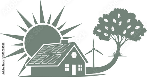 Solar powered house with wind turbine and tree illustration