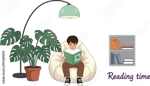 Flat Vector Illustration of Boy Reading Book on Bean Bag Chair with Indoor Plant Floor Lamp and Bookshelf Cozy Home Reading Time Scene