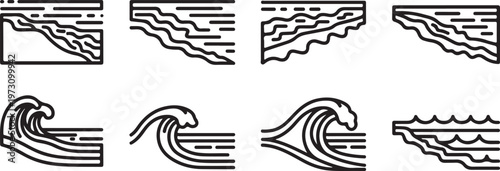 A collection of eight unique hand-drawn designs featuring wavy and swirling patterns Vector