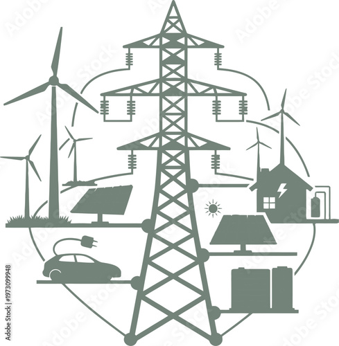 Centralized power grid diagram with pylon and various energy consumers