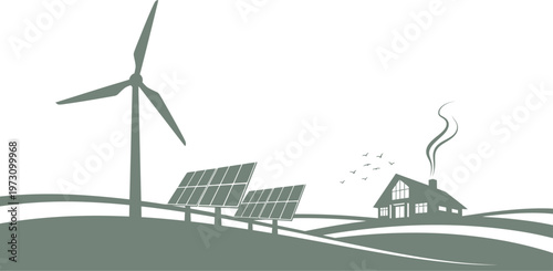 Eco village scene with solar panels wind turbine and farmhouse