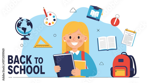 Back to school banner featuring a happy student girl with books and educational icons like globe, backpack, and stationery on blue.