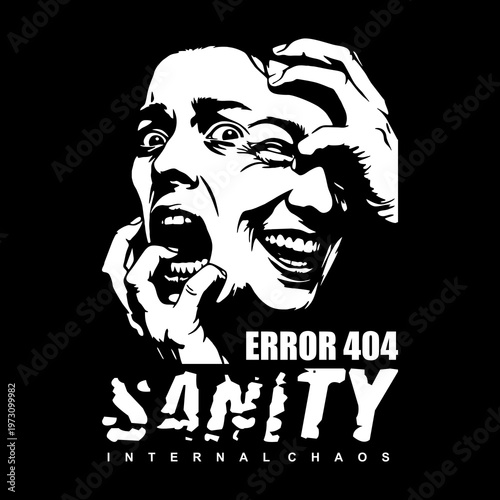 Schilderij op canvas Dark streetwear design with a screaming face and bold text “Error 404 Sanity” and “Internal Chaos”
