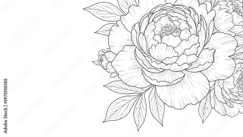 Fototapeta premium Detailed line art drawing of a beautiful peony flower bouquet with leaves in the corner, elegant black and white botanical illustration.
