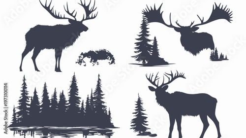 Silhouettes of woodland animals, including deer and trees, with water reflections and foliage
