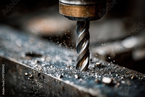 A close-up of a drill bit actively cutting into a metal surface. Ideal for showcasing industrial work, metalworking, or construction themes.
