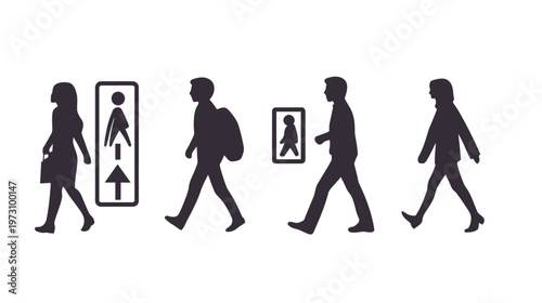 Silhouetted figures depicting people walking, one with luggage, near elevator, with directional signage