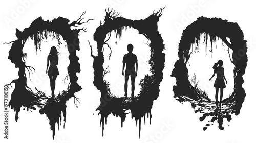 Silhouetted figures stand within stylized archways of dark, organic elements