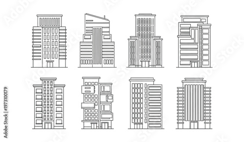 A collection of minimalist line art illustrations depicts various modern building facades showcasing architectural diversity and urban design elements high quality professional detailed elegant