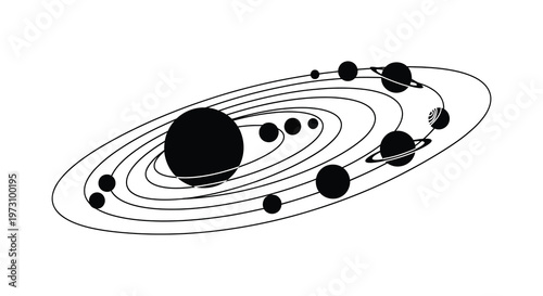 Planetary orbits and celestial bodies depicted in a minimalist silhouette