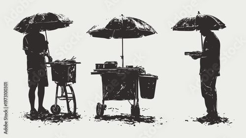 Silhouetted street vendors with umbrellas, one at a cart, others holding objects