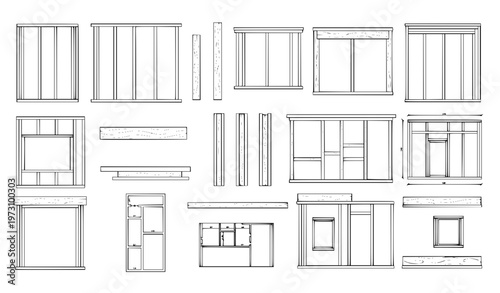 vector sketch of a house Wall Framing Outline Icon Vector Set with Construction Structure and Building Frame Symbols