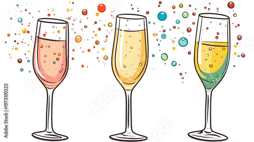 Three colorful champagne glasses are shown with bubbles and colorful confetti on a white background
