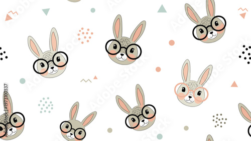 Seamless pattern of cute rabbit heads wearing glasses with geometric shapes and dots, stylish nursery wallpaper design for children.