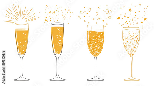 Four stylized champagne flutes, sparkling with effervescence and celebratory flourishes