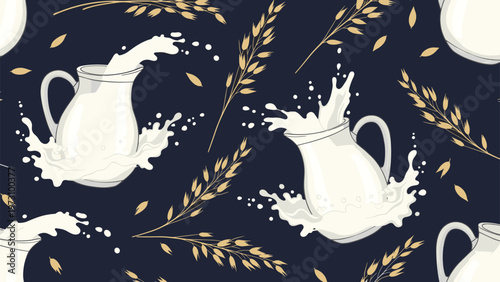 Seamless pattern of milk jugs with splashes and wheat ears on a dark navy background, natural organic dairy farm products illustration.
