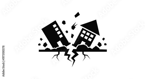 Buildings collapsing during an earthquake depicted in stark black silhouette