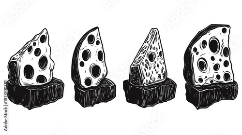 A grayscale illustration of four different cheese wedges with holes, sitting on dark blocks