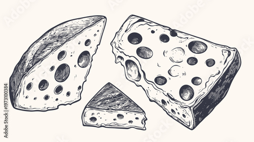 Artistic depiction of various cheese pieces with holes, featuring a vintage black and white drawing style