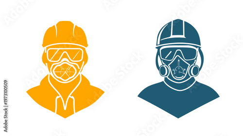 Silhouettes of two people wearing protective gear one orange, the other blue, on a white background