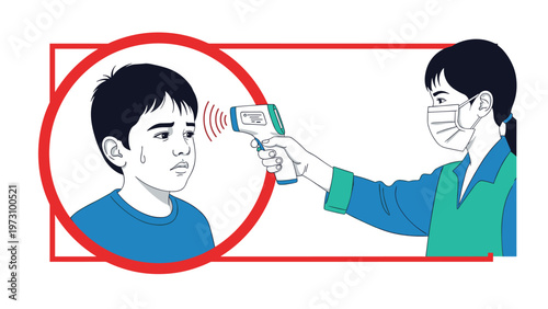 Medical professional in a mask measuring a young boy's temperature with an infrared forehead thermometer, healthcare safety concept.
