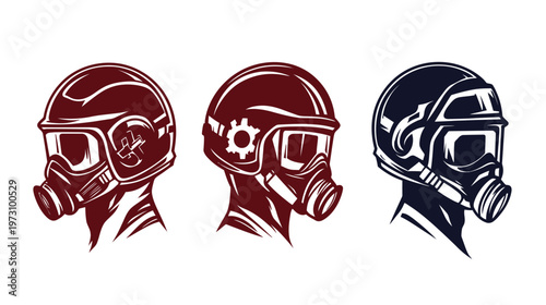 Three stylized illustrations of gas masks, each with a different design and color scheme