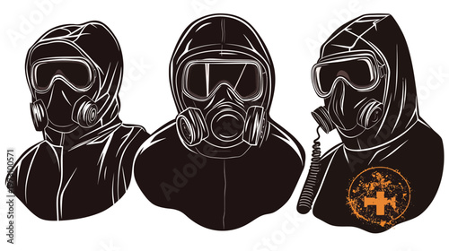 Graphic depicting three stylized figures in protective suits, featuring gas masks and hoods