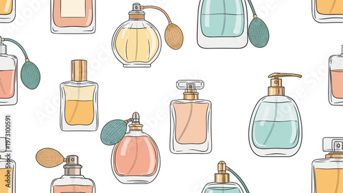 Seamless pattern of various perfume bottles with spray atomizers in soft pastel colors, elegant beauty and fragrance theme background.