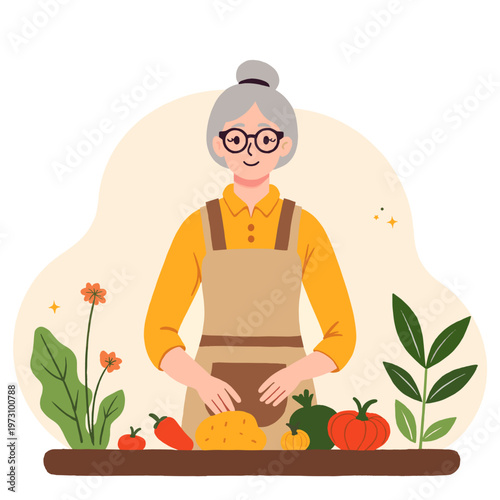 Elderly woman preparing vegetables while standing at kitchen counter. Elderly set