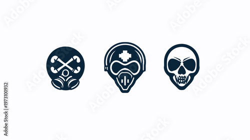 Three dark blue minimalistic icons, including an apparatus, a tactical mask, and a skull