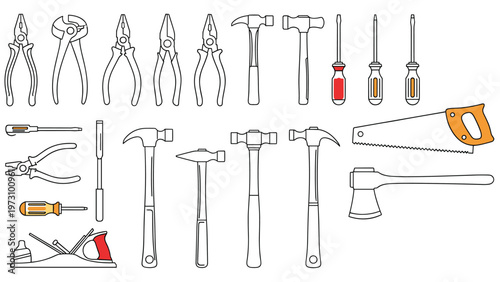 Collection of various hand tools including hammers, screwdrivers, pliers, and saws in both outline and colored styles on white background.