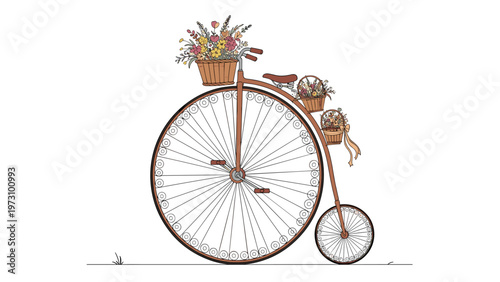 Vintage penny-farthing bicycle decorated with three baskets full of colorful flowers on a white background in a charming hand-drawn style.