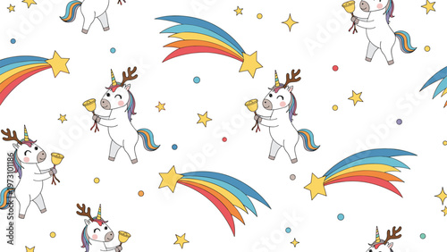 Whimsical seamless pattern for children with unicorns holding bells, shooting stars, and colorful dots on a plain white background.