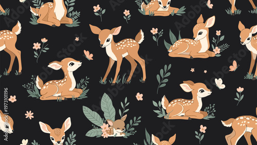 Adorable forest pattern of small deer or fawns resting and standing among flowers and butterflies on a dark background for nursery.