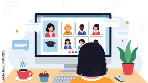 Professional person participating in a video conference or online class shown on a computer screen with participants and a coffee cup.