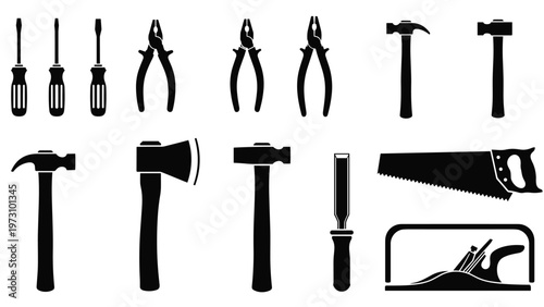 Set of black silhouettes of various carpentry and construction tools including hammers, saws, pliers, and screwdrivers for workshop use.