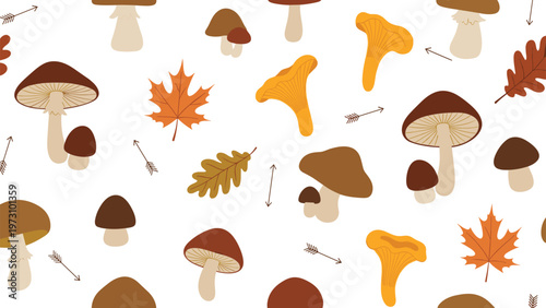 Seamless autumn pattern with various types of mushrooms like chanterelles, fall leaves, and small arrows on a clean white background.