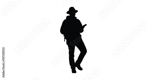 A lone cowboy stands with a revolver depicted in stark silhouette