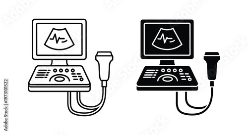 Ultrasound machines with screen displays and probes black and white silhouette