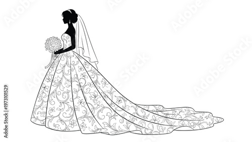 Elegant silhouette of a bride in a detailed lace wedding dress with a long train and veil holding a beautiful flower bouquet for bridal.