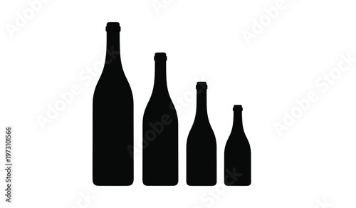 A minimalist composition showcases four silhouetted wine bottles of decreasing size arranged in a descending order from left to right high quality professional detailed