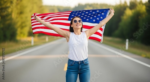 Celebrating happy 4th july woman joyfully waves american flag on road