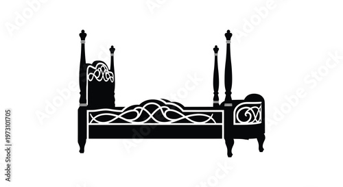 Intricate bed frame design presented as a striking black silhouette