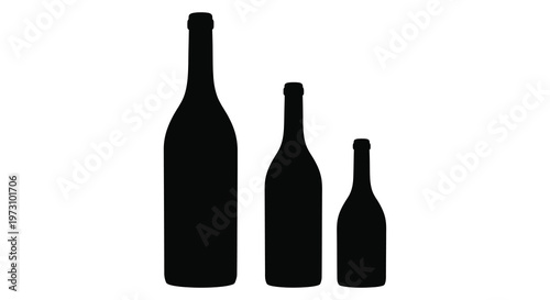A minimalist silhouette depicts three wine bottles of varying sizes aligned side by side against a stark white background creating a simple composition