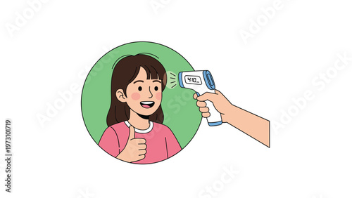 Illustration of a hand holding an infrared thermometer to measure the temperature of a young girl who is giving a cheerful thumbs up.
