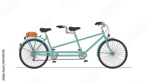 Tandem bicycle with two seats and a rear rack holding an orange basket is presented as a clean vector illustration on a white background.